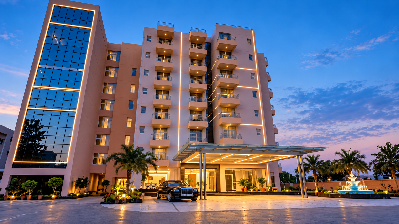 Supplied assisted stay project visual showing an illuminated building at dusk