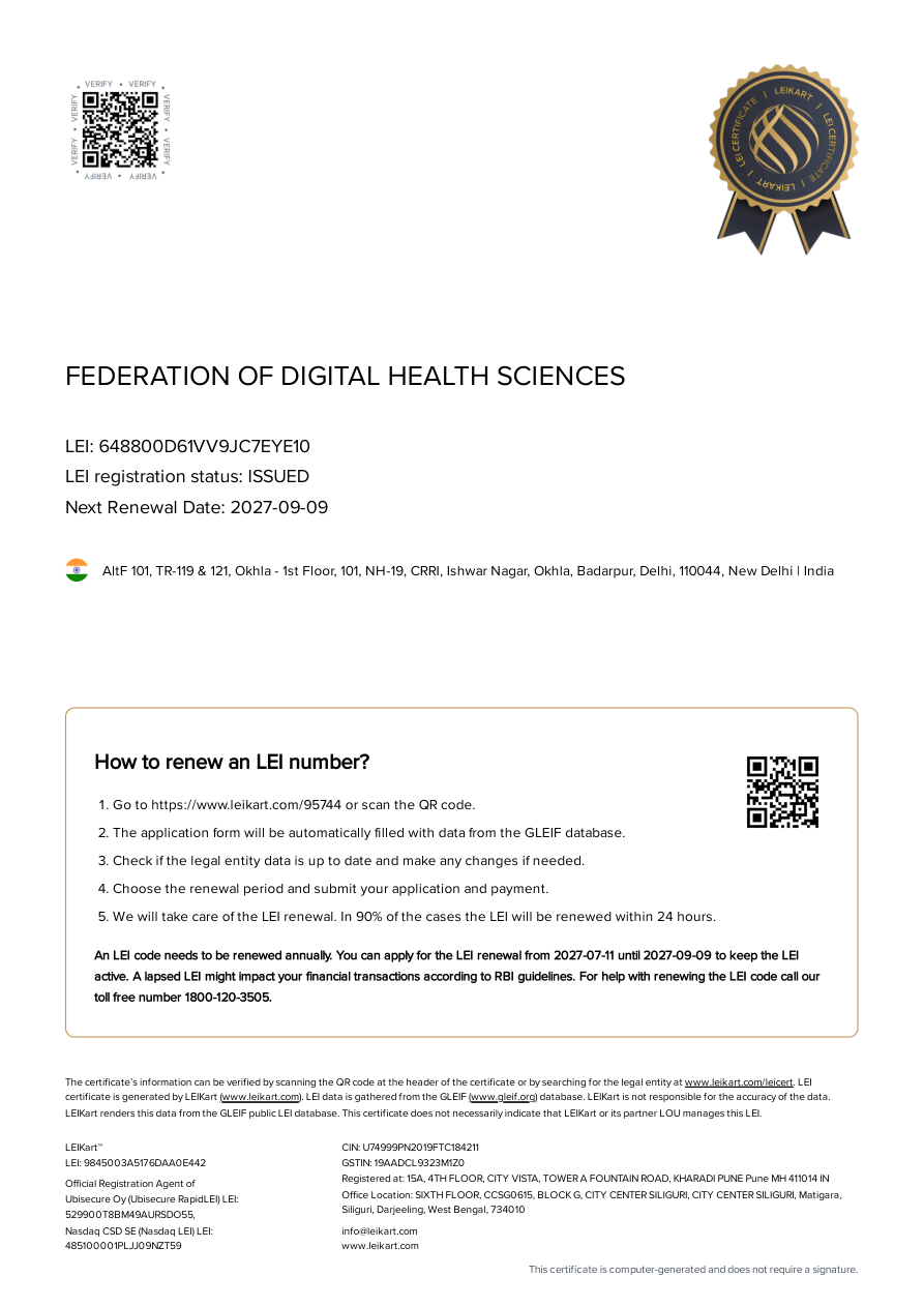 First page of LEI Certificate